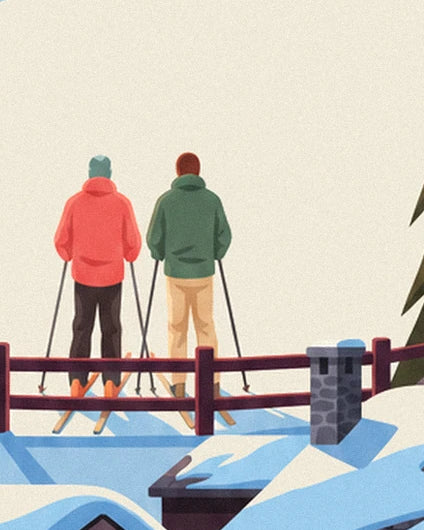 The two skiers seen from behind in red and green jackets, behind a wooden barrier
