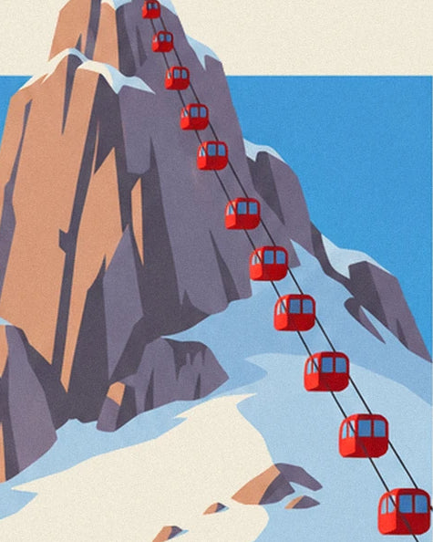 The red gondola cabins along the snowy rock faces of Courchevel