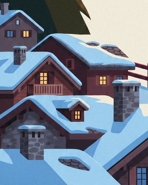 Chalets with snowy roofs, stone chimneys and glowing windows