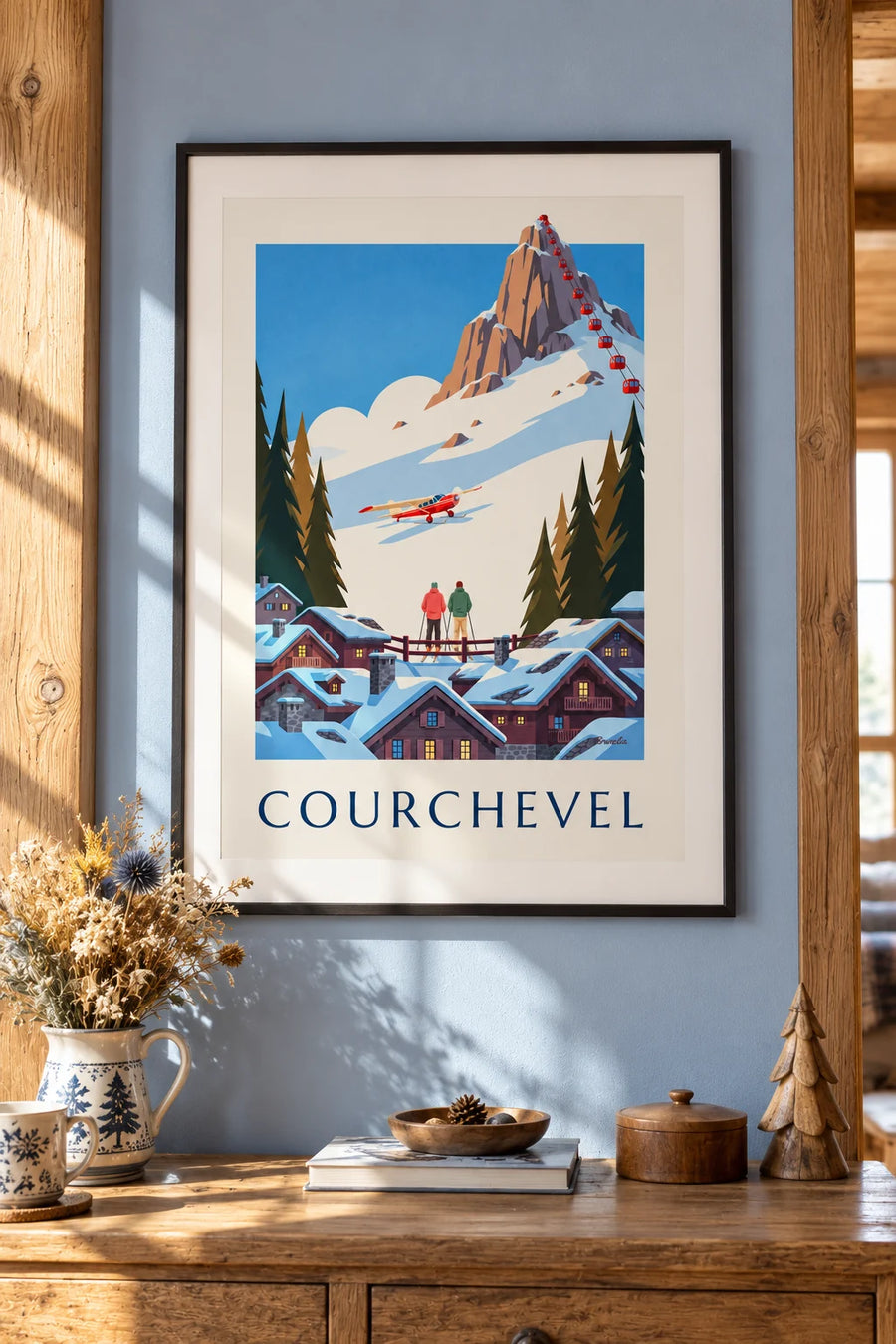 Poster of a gondola lift above the Croisette in Courchevel 1850: framed on the wall
