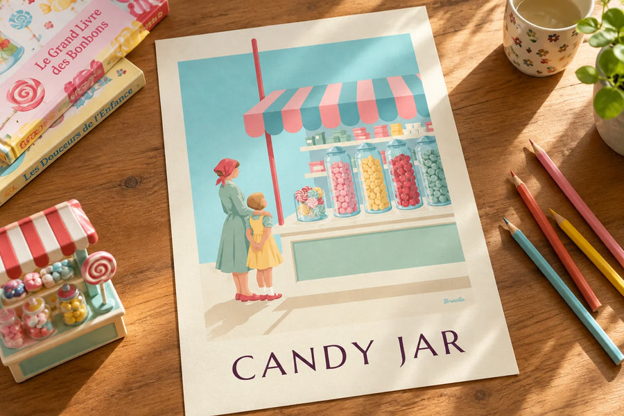 Affiche sucettes et bocaux de bonbons dans une confiserie : posée sur une table