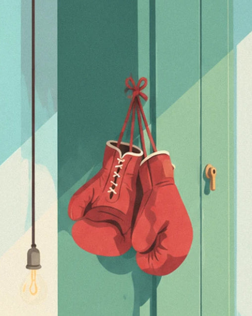 Les gants de boxe rouges pendus par leurs lacets à la porte verte du vestiaire