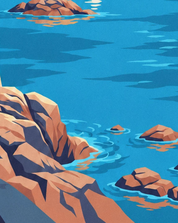 The pink rocks and their reefs in the blue water, with small swirls against the stone