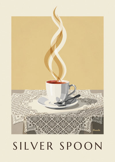 Poster Dampfende Kaffeetasse und Silberlöffel auf Spitze: das ganze Poster