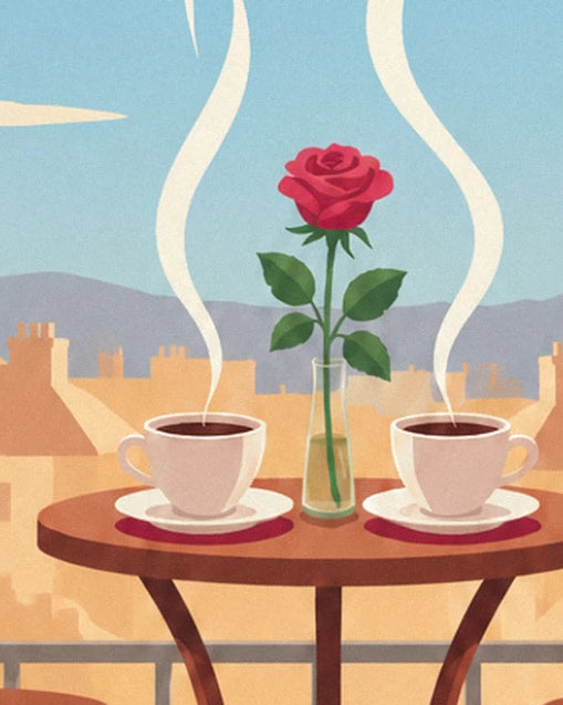 Les 2 tasses de café fumant et la rose rouge en vase, sur la table du balcon