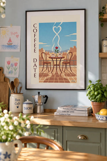 Affiche 2 tasses de café pour un rendez-vous amoureux : encadrée au mur