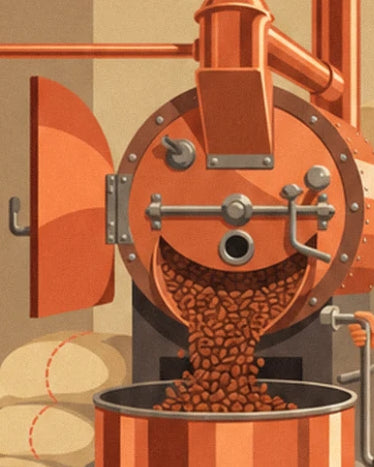 Die orangefarbene Kaffeeröstmaschine mit geöffneter Tür, aus der die Kaffeebohnen in die Kühlschale rieseln