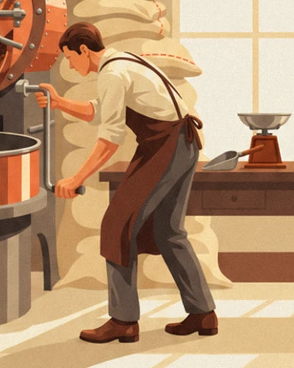 Der Kaffeeröster in brauner Schürze an der Kurbel, neben Waage und Säcken