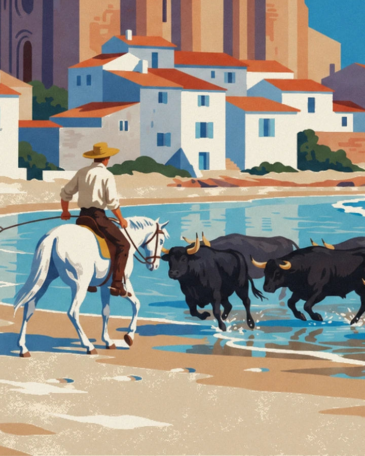The herdsman in a light shirt and straw hat on his white horse, facing the bulls in the waves