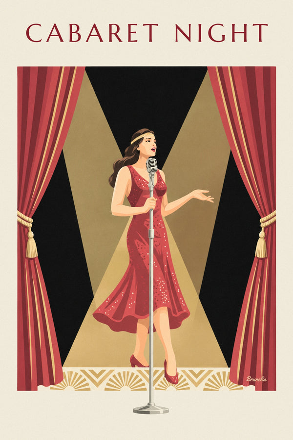 Poster Sängerin in rotem Paillettenkleid auf der Bühne eines Kabaretts