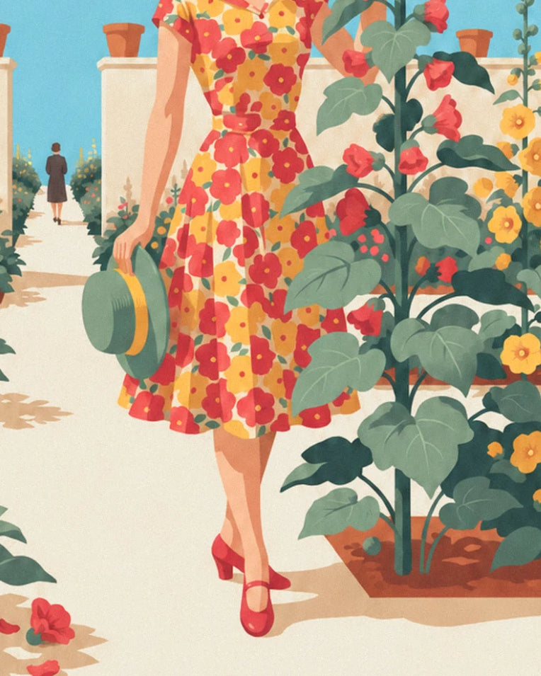 Sunny garden woman in floral dress poster: close-up detail