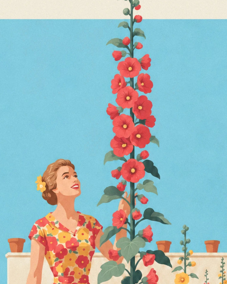 Sunny garden woman in floral dress poster: close-up detail