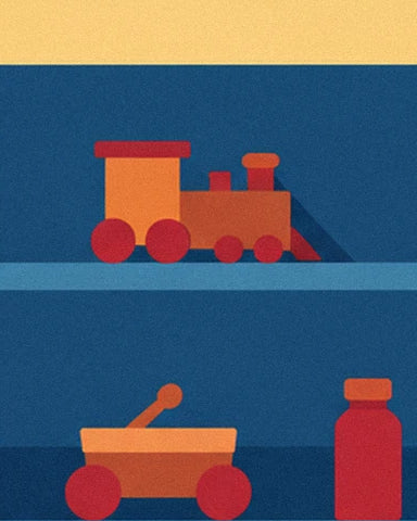 Eine orange-rote Lokomotive auf einem Regal, über einem Wagen mit Rädern