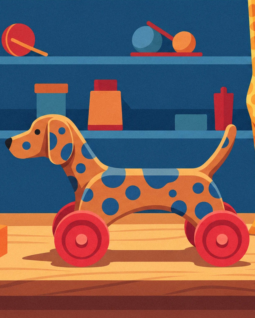 Der orangefarbene Hund mit blauen Punkten und roten Rädern vor den Spielzeugregalen