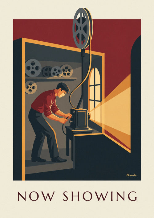 Poster Filmvorführer und Filmrolle: das ganze Poster