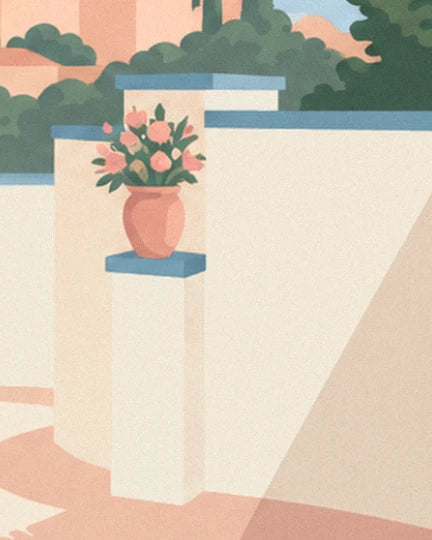 Der Terrakottatopf mit seinem Strauß rosa Blumen auf einem weißen Pfeiler mit blauem Rand