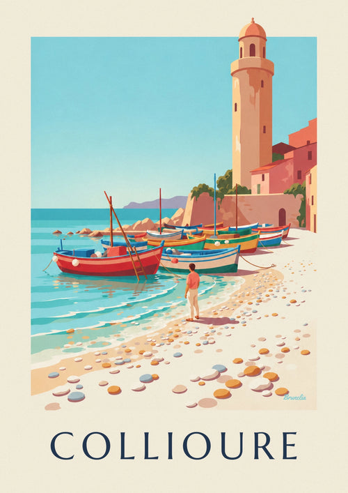 Poster of colorful Catalan boats on the beach at Collioure: the full poster