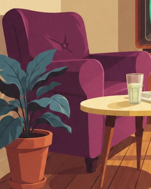 Le fauteuil violet près d’une plante en pot et d’une table avec un verre