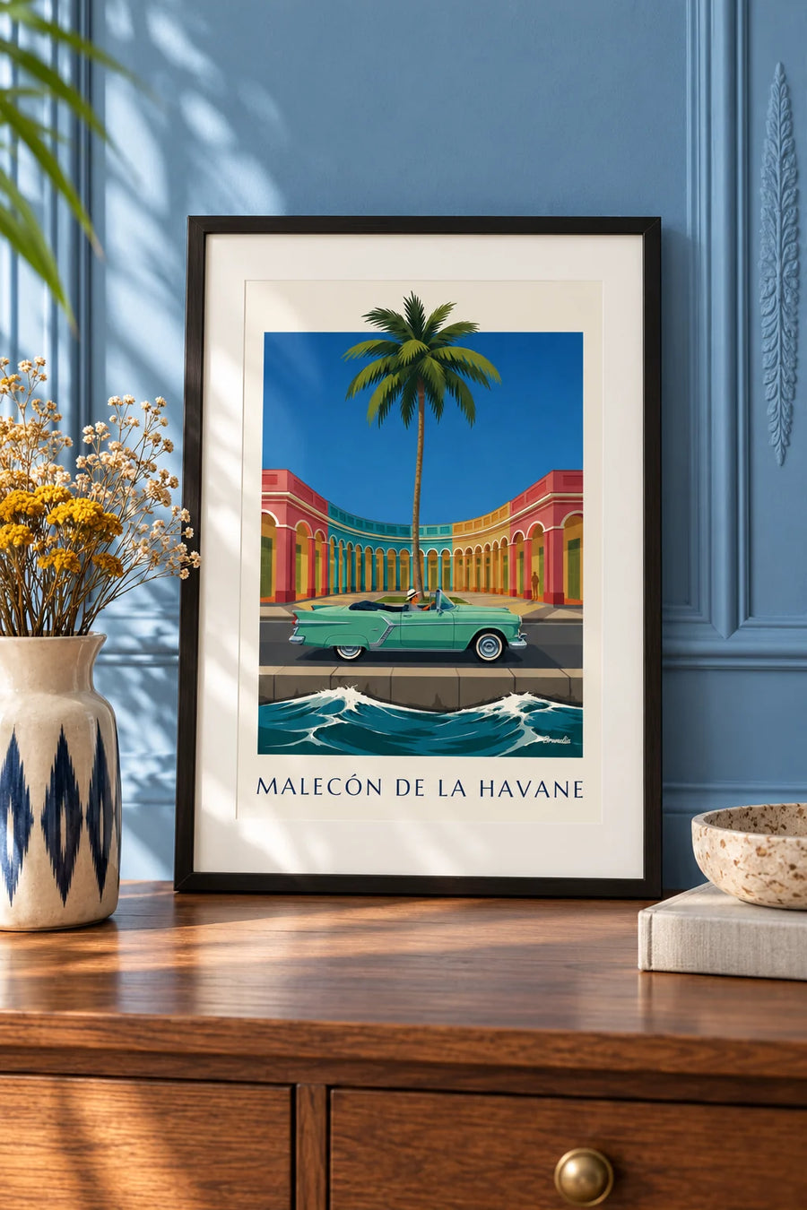 Poster mintgrünes Cabrio auf dem Malecón in Havanna: kleines Format A4, gerahmt