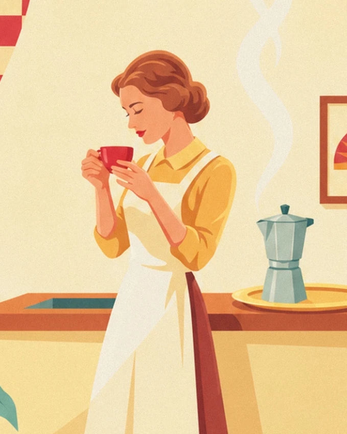 Die Frau in weißer Schürze genießt Kaffee aus einer roten Tasse, neben ihr eine Moka-Kanne