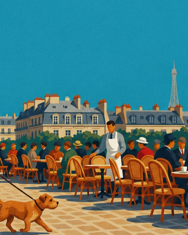 Der rotbraune Hund, der an der Café-Terrasse mit ihren Rattanstühlen vorbeitrottet, der Eiffelturm in der Ferne