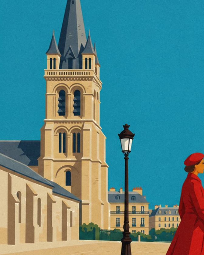Der helle Steinglockenturm der Kirche, seine schwarze Straßenlaterne und ein Passant im roten Mantel