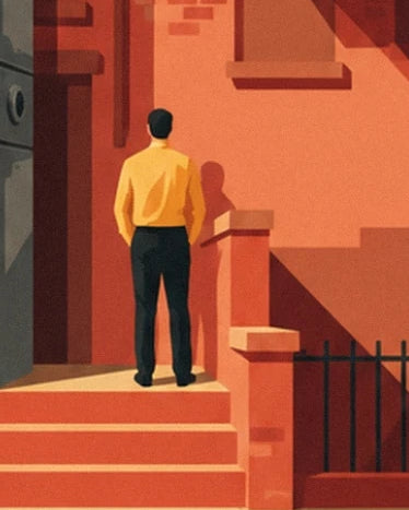 A man seen from behind in a yellow shirt and dark trousers on the orange front steps
