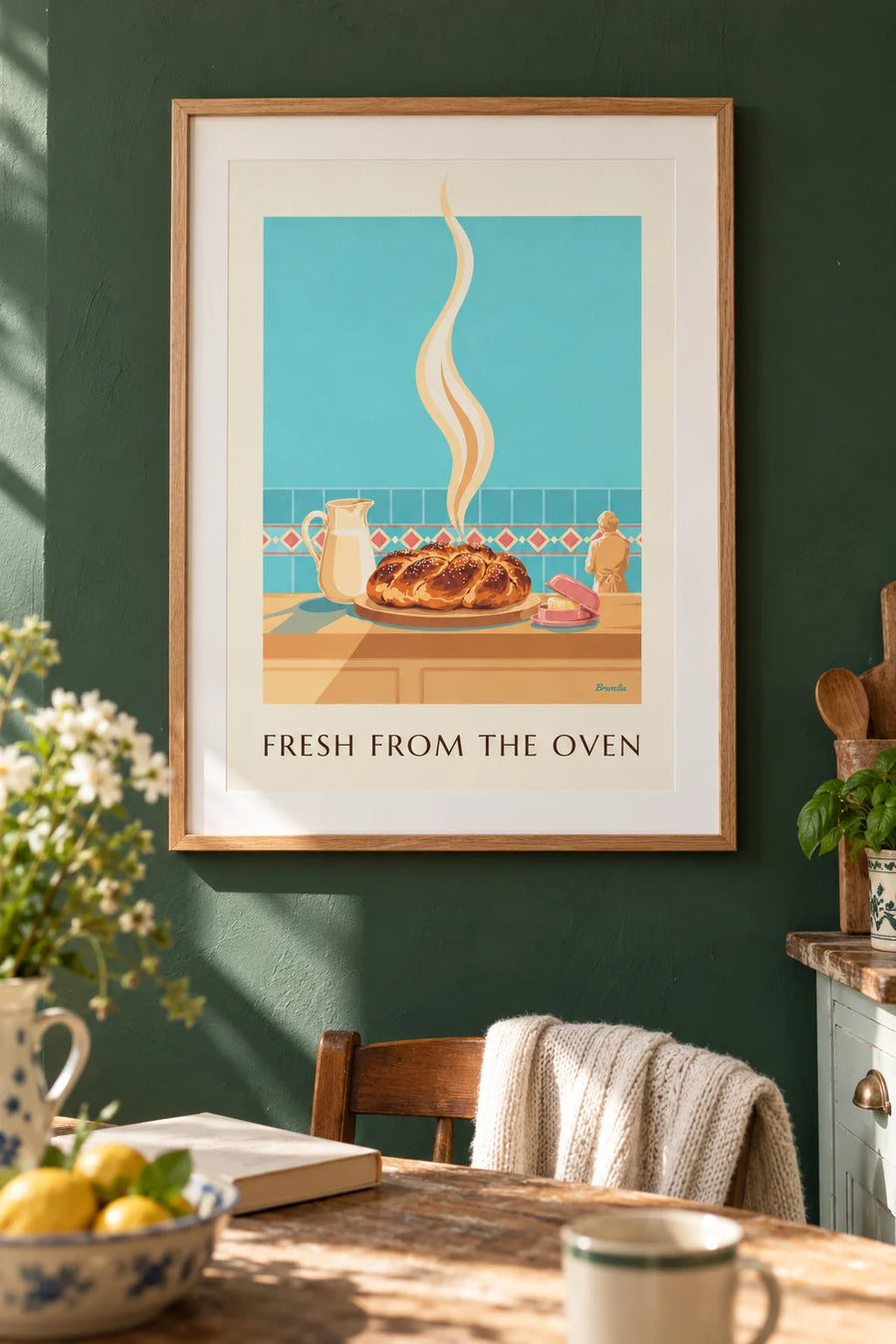 Affiche brioche tressée dorée au sucre perlé : encadrée au mur
