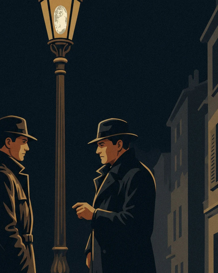 Affiche duel de film noir sous un réverbère, nuit de pluie : détail en gros plan