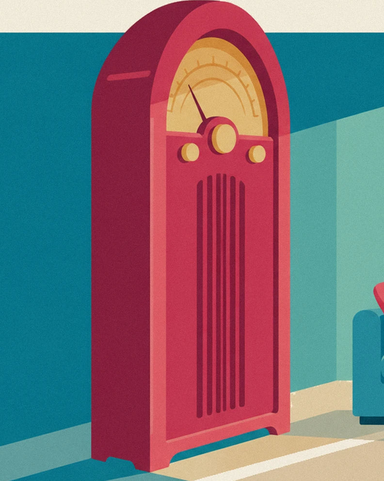 The pink radio with a golden dial and round knobs against the turquoise wall
