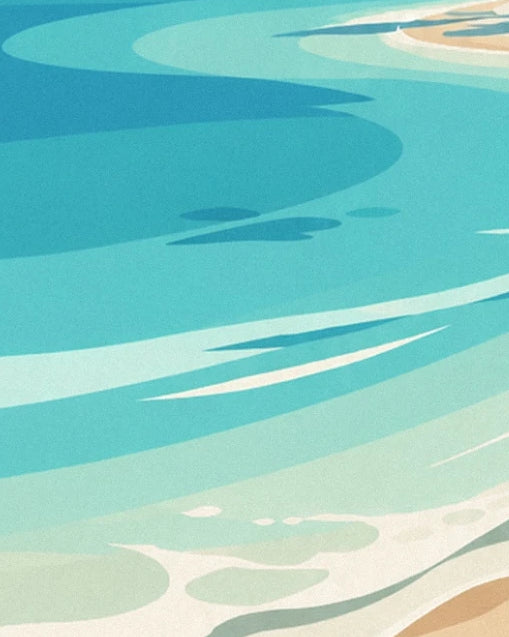 Les courbes turquoise de la mer et les rubans d'écume blanche au bord du sable clair
