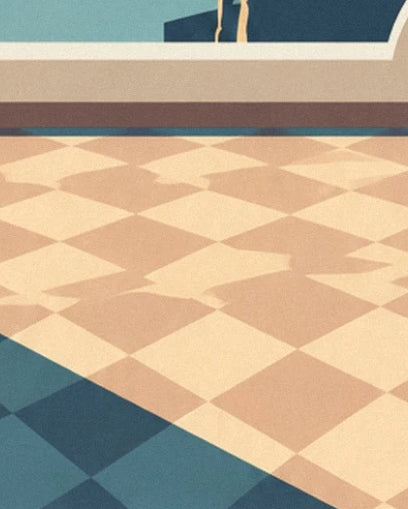 A cream and ochre chequered floor crossed by blue shadows and palm frond silhouettes