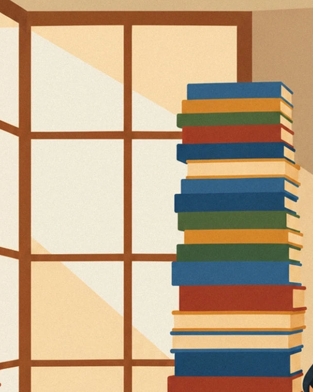 Ein Stapel bunter Bücher vor einem Fenster mit braunen Rahmen