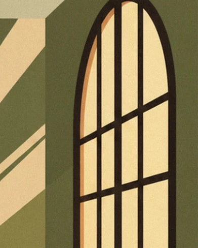 Ein Bogenfenster mit schwarzen Rahmen an einer grünen Wand, von Licht durchzogen