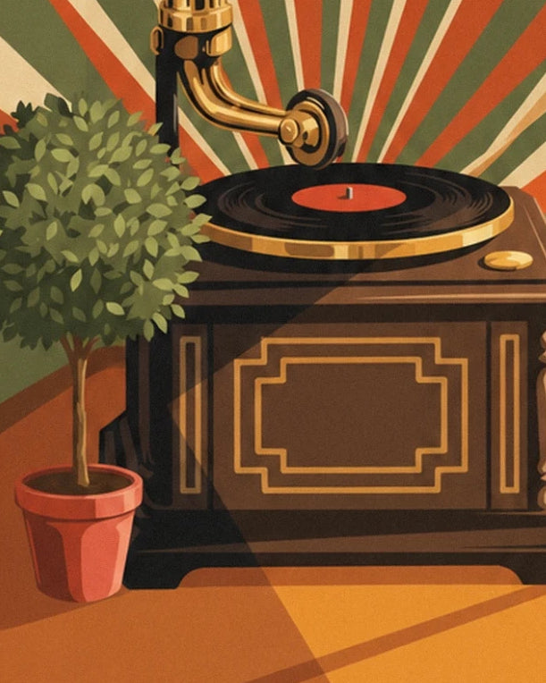 Die schwarze Schallplatte auf dem Grammophon aus Holz und die grüne Pflanze im roten Topf