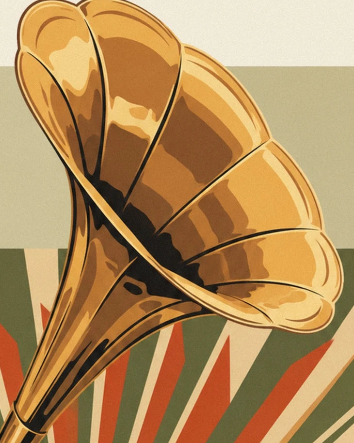 Der goldene Grammophontrichter und seine Rundungen vor einem Hintergrund aus geometrischen Mustern