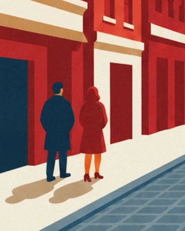 The 2 passers-by in blue and red coats in front of the red façades of New York