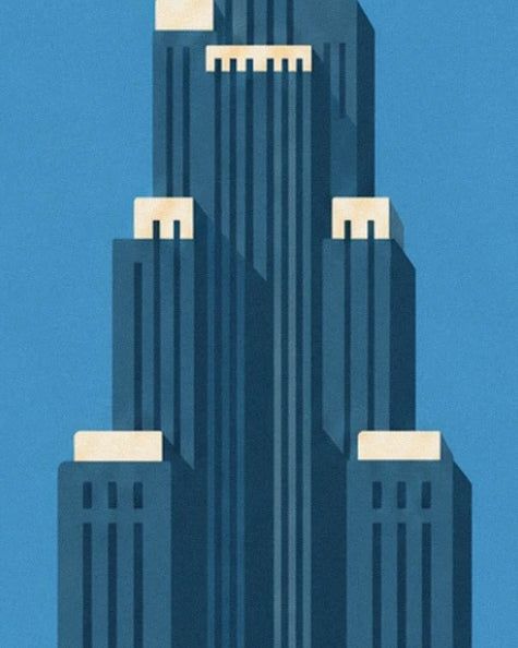 The stepped tiers of a blue skyscraper with dark lines and cream tops
