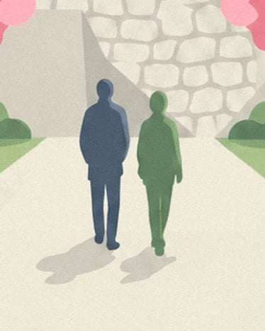 The 2 figures in blue and green on a pale path in front of a stone wall