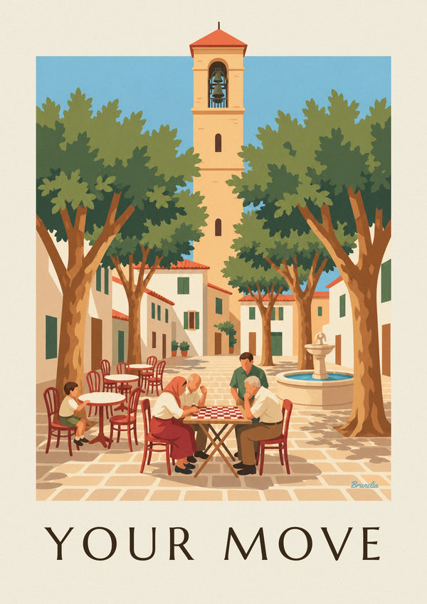 Affiche partie de dames sous les platanes d'une place de village