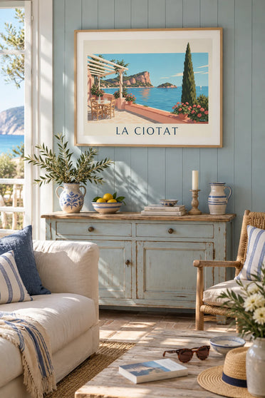 Poster mit mediterraner Terrasse und dem Bec de l'Aigle in La Ciotat: gerahmt an der Wand