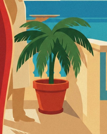 A palm tree in a red pot on the terrace beside the waiter’s tray