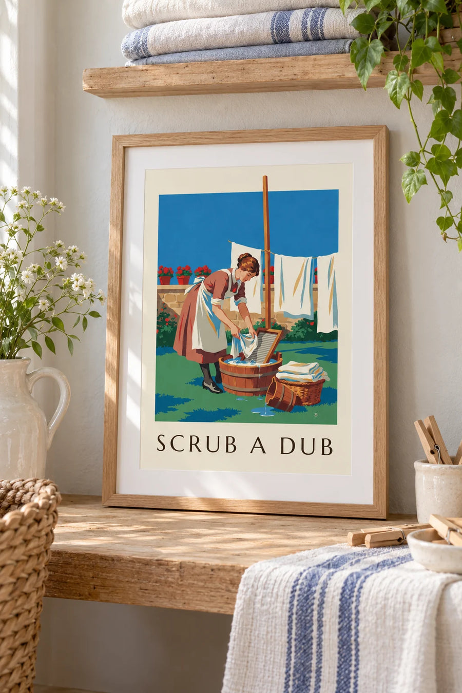 Poster Frau und Waschbrett in einem sonnigen Hof: kleines A4-Format im Rahmen