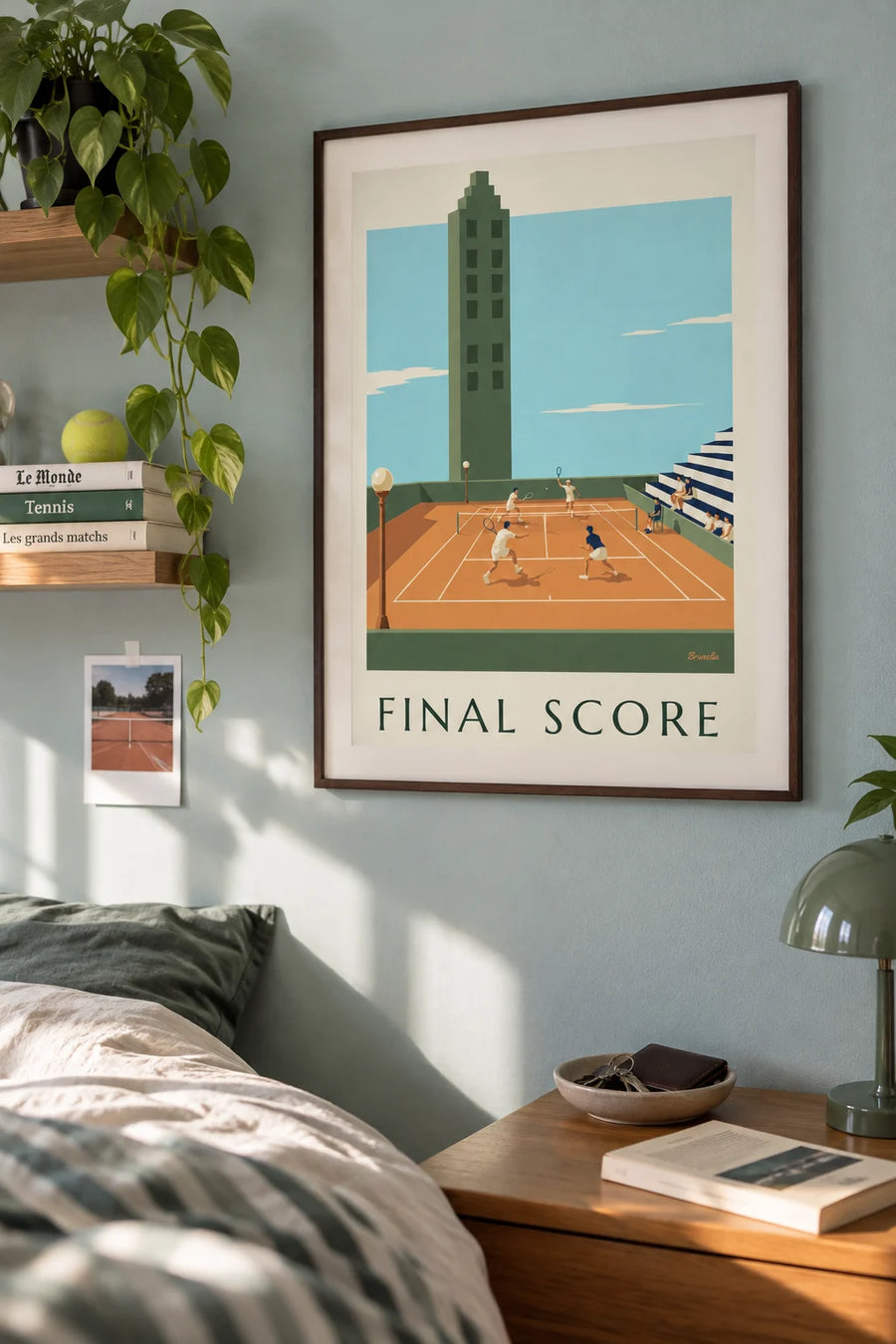 Affiche tableau d'affichage en bois au bord d'un court de tennis : encadrée au mur
