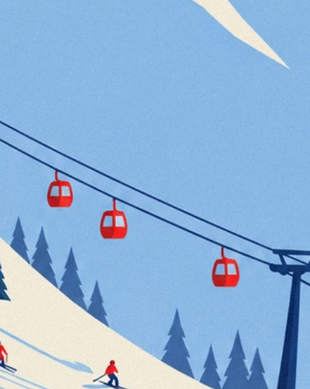 Die 3 roten Gondeln über den blauen Tannen und den Skifahrern auf der Piste