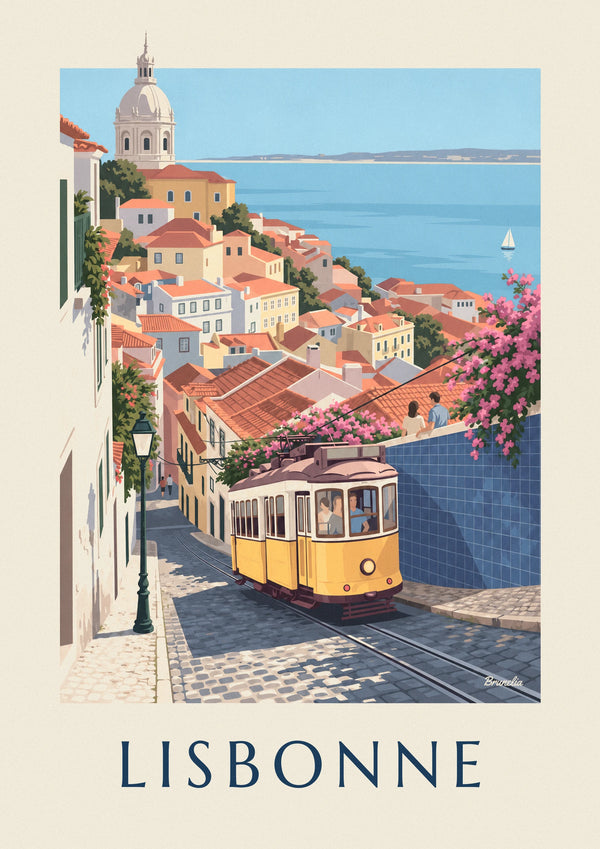 Affiche tramway jaune dans une rue pavée de Lisbonne face au Tage