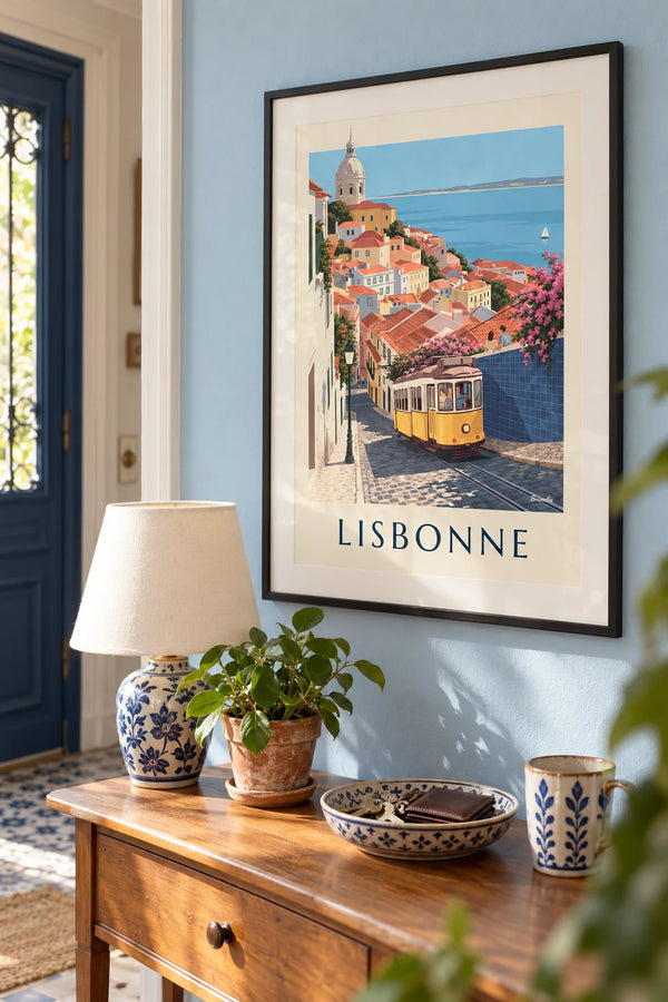 Lisbon yellow tram and Tagus view poster