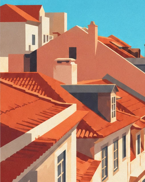 Les toits de tuiles orange et leur lucarne grise, sous le ciel bleu de Lisbonne
