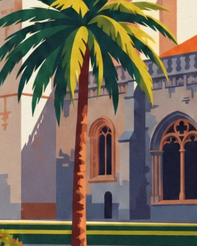 The reddish-brown palm trunk in front of the tracery windows and clipped hedges