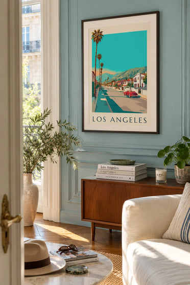 Poster Cabrio unter den Palmen von Los Angeles: gerahmt an der Wand